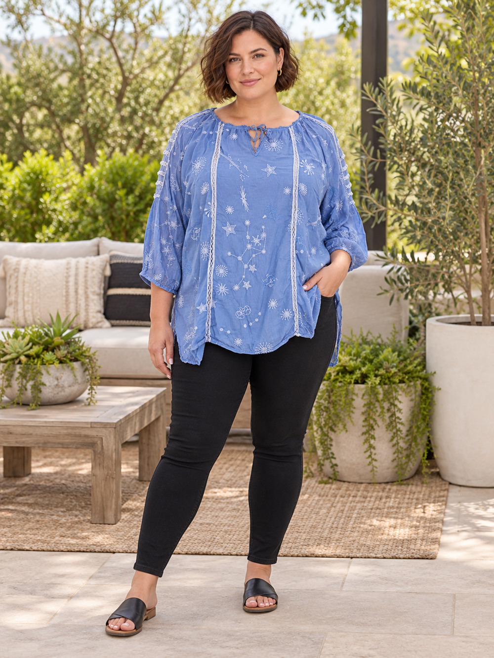 Johnny Was Yiprianne Blouse 2X Blue Zodiac Constellations Embroidered Boho